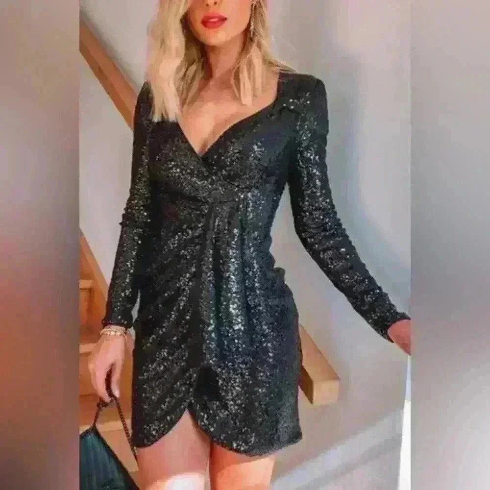 Silver Sequins Long Sleeve V-Neck Mini Dress